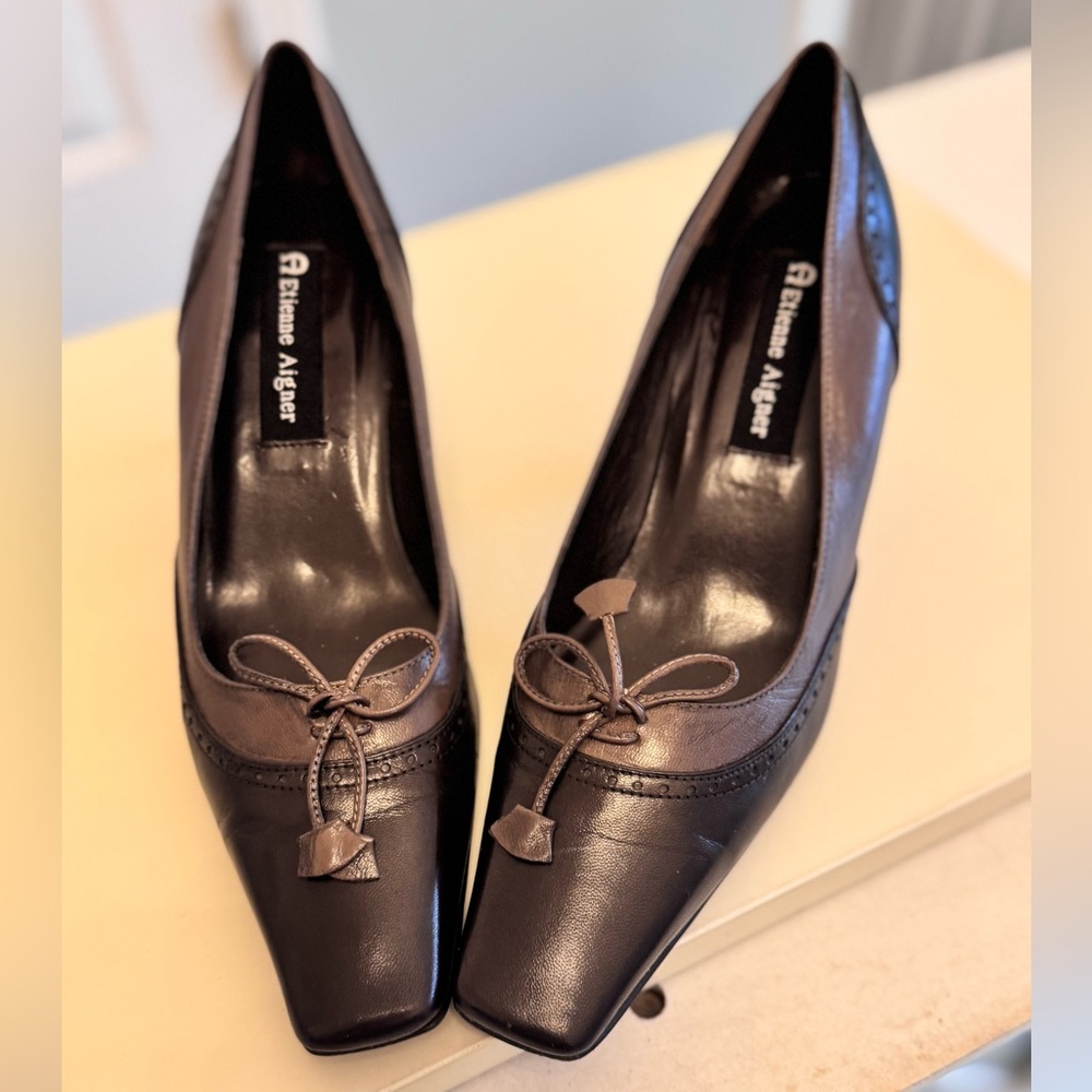 Chocolate brown kitten heel two tone heels